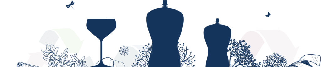 Silhouette of bottles, botanicals and glasses