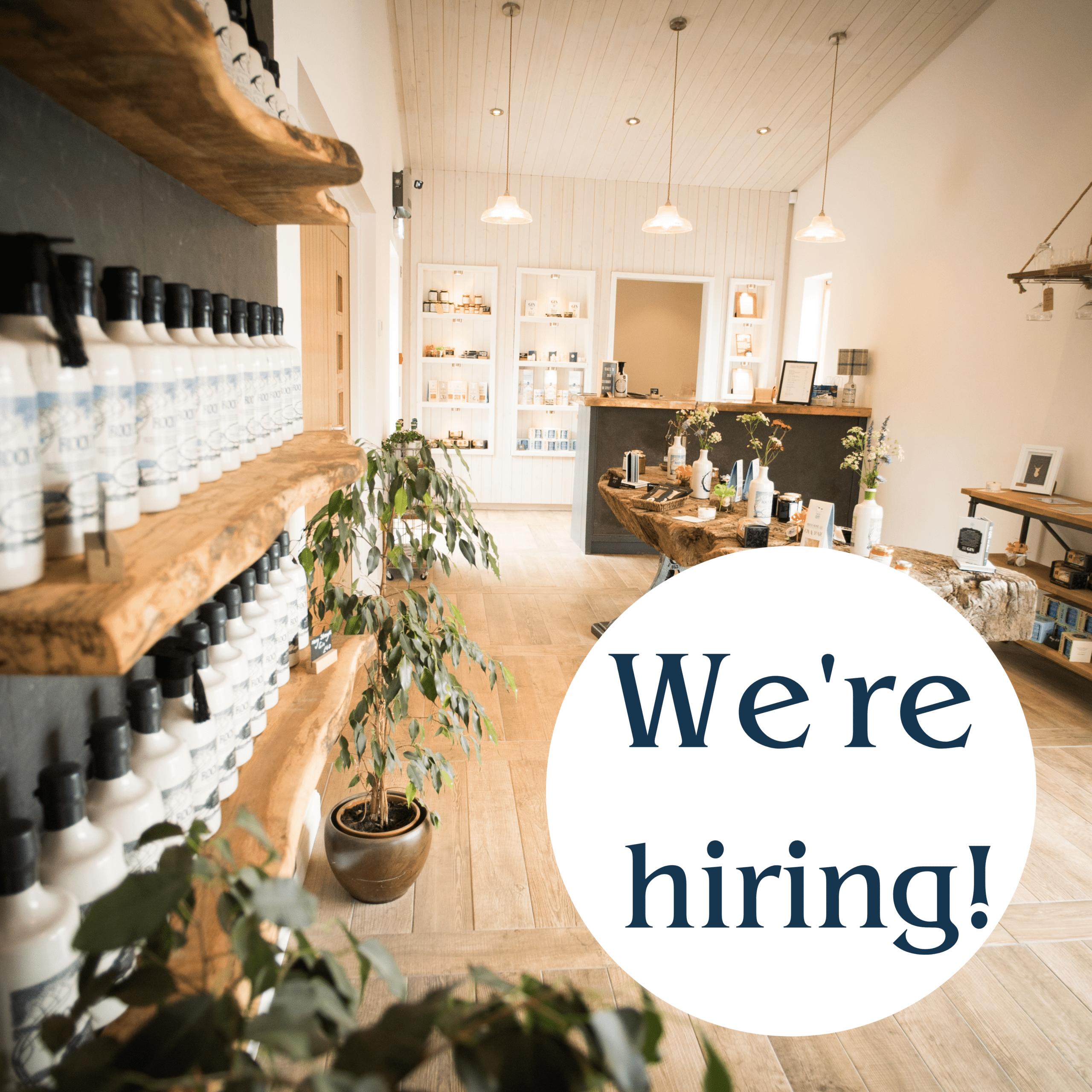 Picture of the distillery shop with the label "we're hiring"
